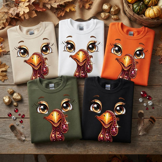 May include: Five crewneck sweatshirts in beige, white, orange, olive green, and black. Each features a graphic of a turkey face with large brown eyes, long eyelashes, and a textured, sparkling orange and red beak and wattle design.