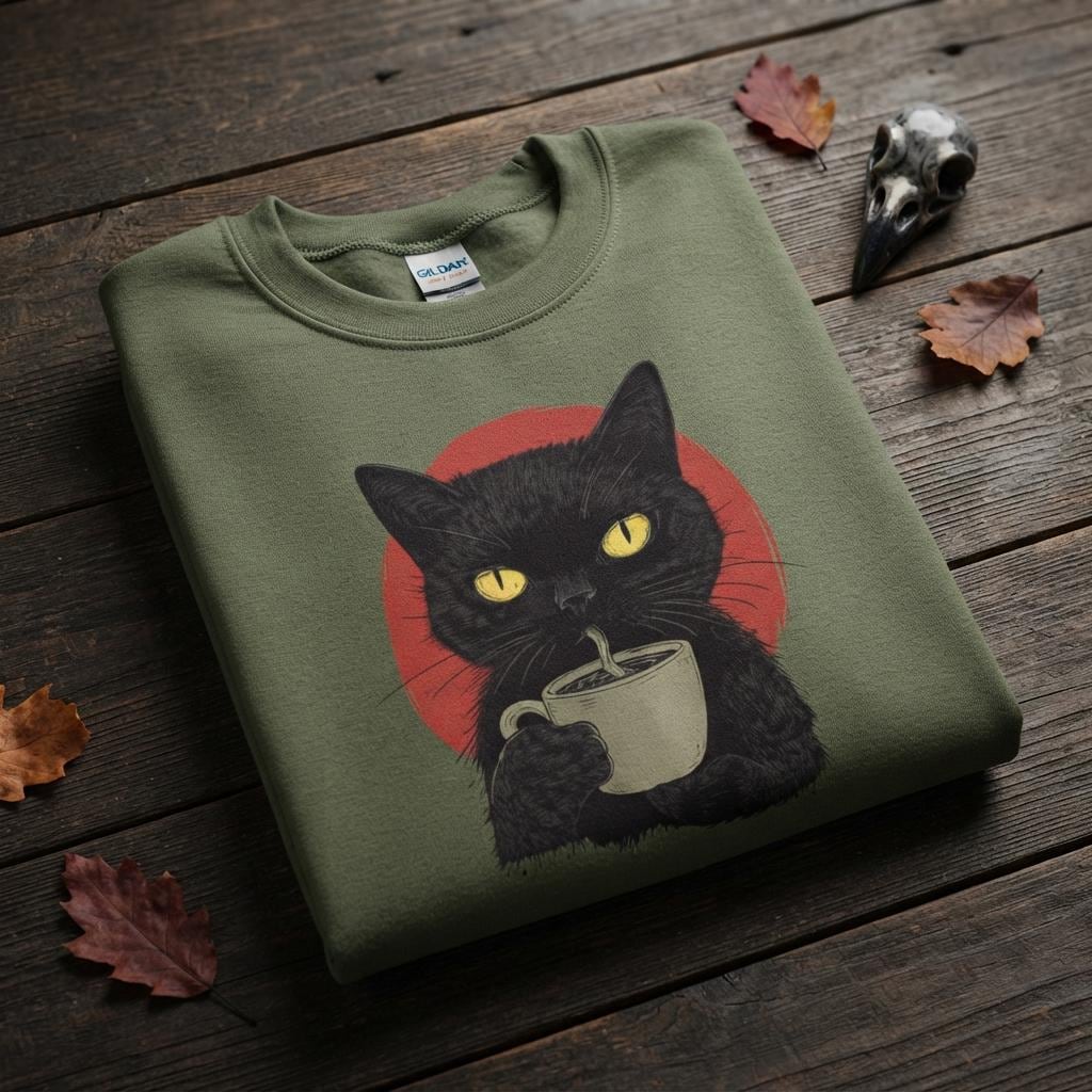 May include: An olive green crewneck sweatshirt featuring a graphic illustration of a black cat with bright yellow eyes holding a beige mug. The cat is positioned in front of a solid red circle. The inner collar tag displays the brand name Gildan.