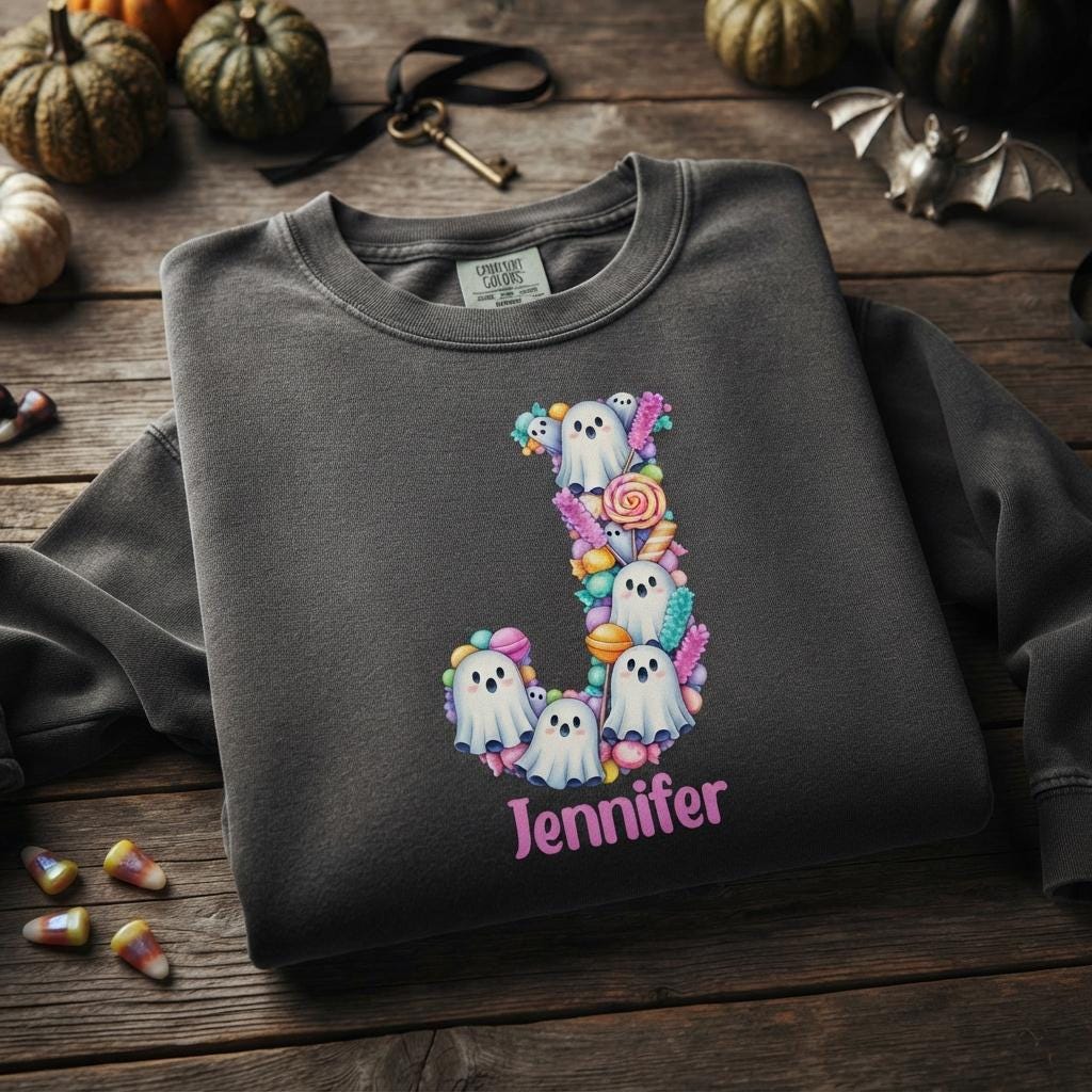 May include: A charcoal gray crewneck sweatshirt featuring a large letter J graphic composed of multiple small white ghosts and colorful candy elements. Below the letter J, the name Jennifer is printed in a light pink sans-serif font.