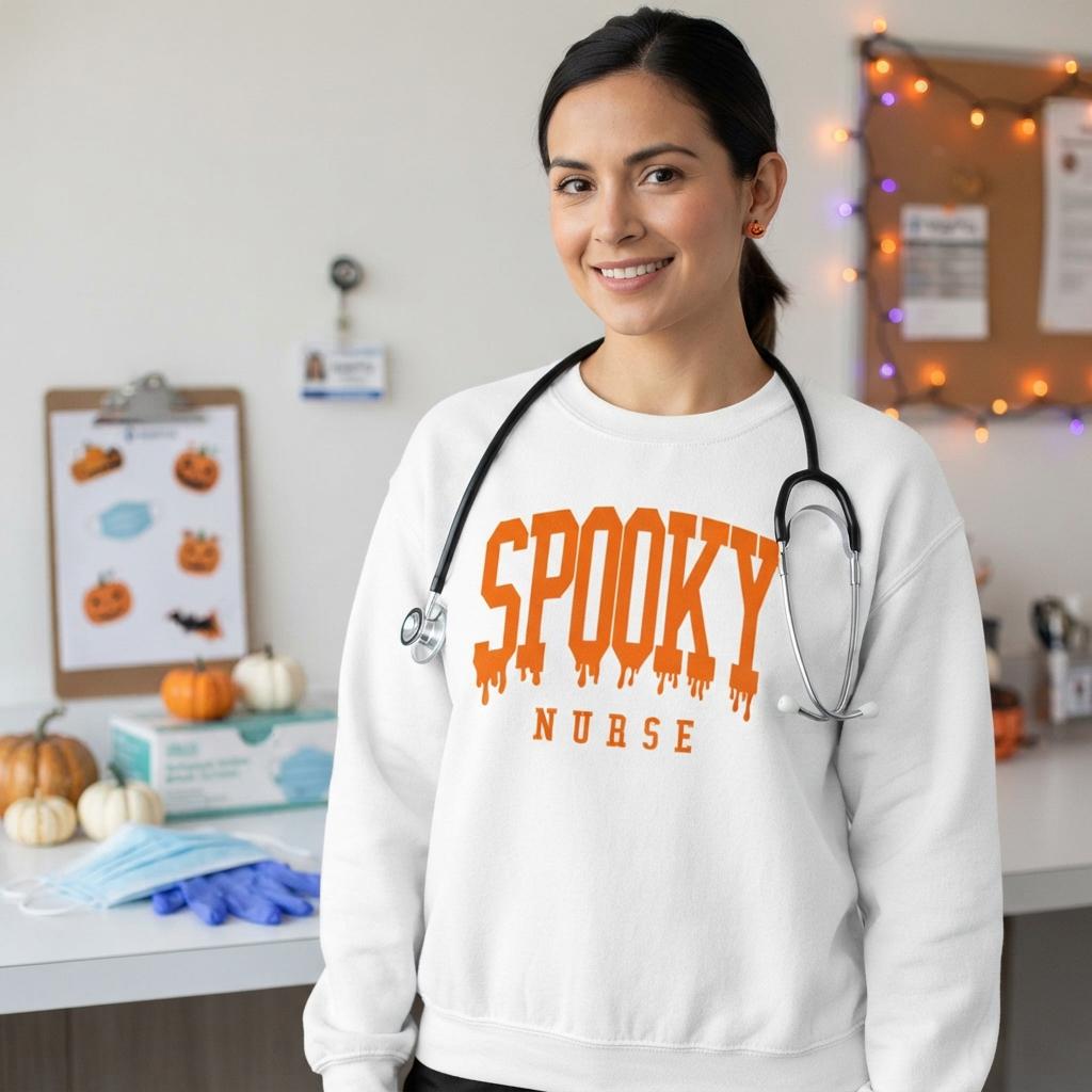 May include: A white long-sleeve crewneck sweatshirt featuring the orange text SPOOKY NURSE in a dripping font style. The garment is worn with a black stethoscope draped around the neck, resting over the chest area of the white fabric.