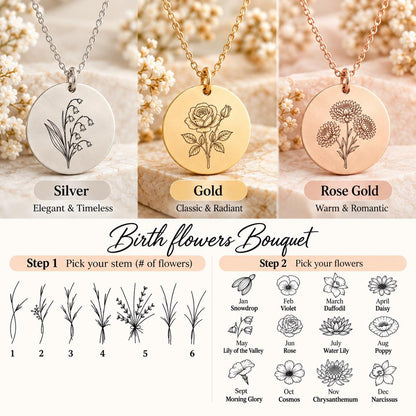 Family Birth Flower Bouquet Necklace with Birthstone Personalized Month Custom Combined Mothers Day Gift
