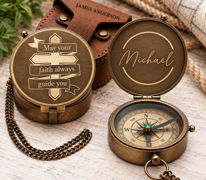 Custom brass compass engraving examples with a decorative name design, a script name inside the lid and an open compass beside a brown leather case.