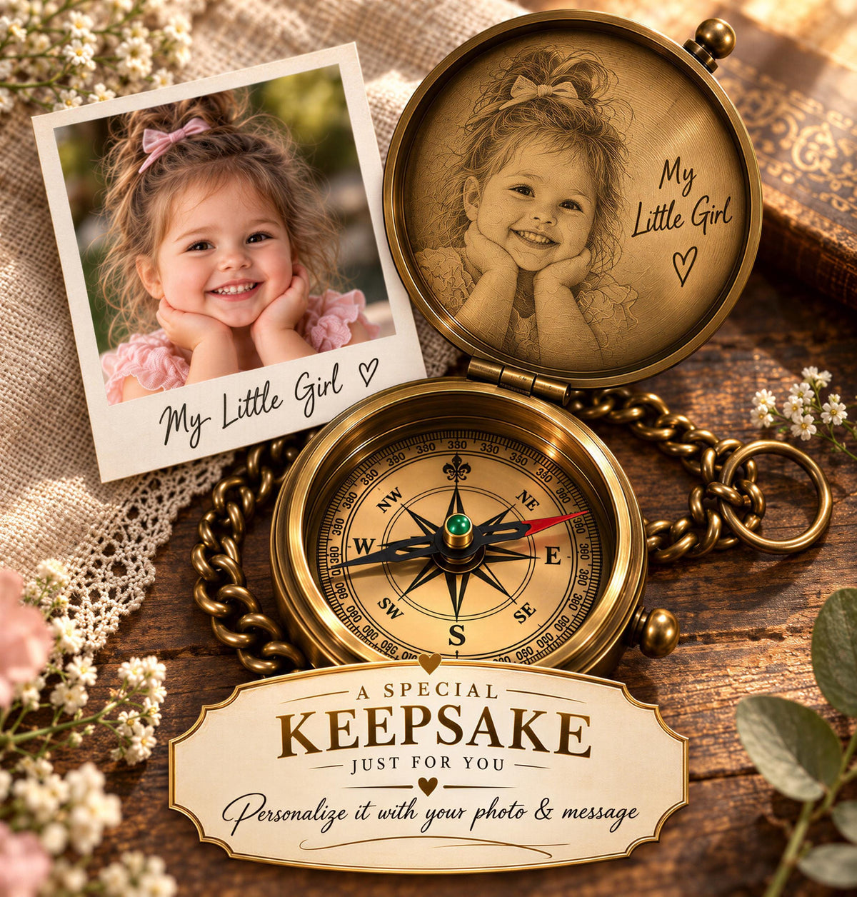 Open brass keepsake compass with a child's portrait engraved inside the lid, displayed beside the original color photograph to illustrate custom photo engraving.