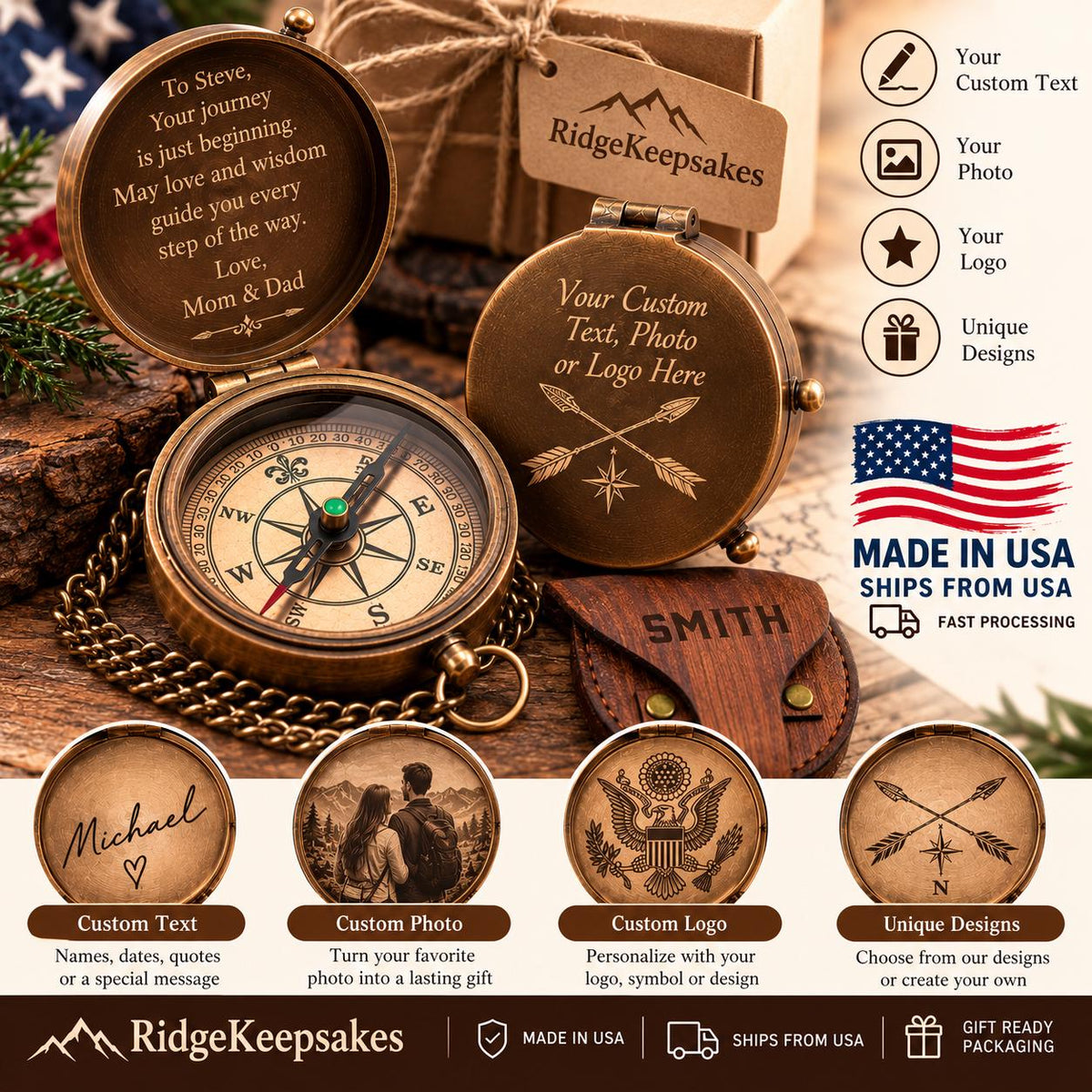 May include: A brass-toned pocket compass with a hinged lid, featuring an engraved message inside and a custom arrow design on the exterior. The compass includes a metal chain and a small wooden case labeled SMITH, showcasing personalization options.