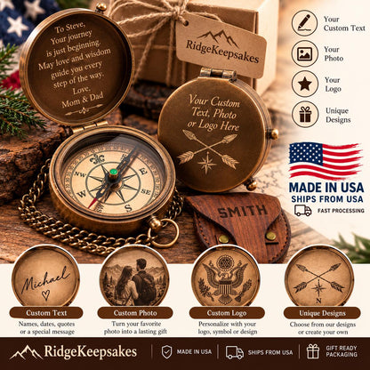 May include: A brass-toned pocket compass with a hinged lid, featuring an engraved message inside and a custom arrow design on the exterior. The compass includes a metal chain and a small wooden case labeled SMITH, showcasing personalization options.