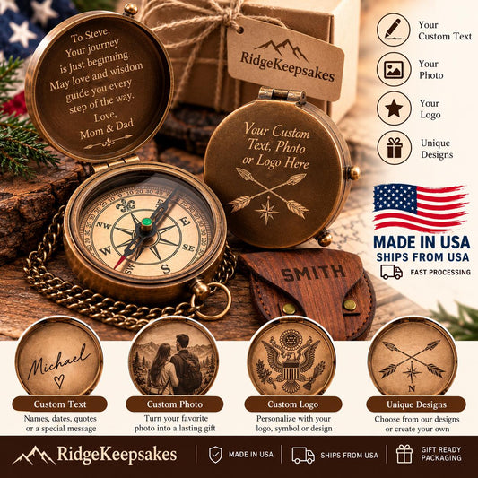 May include: A brass-toned pocket compass with a hinged lid, featuring an engraved message inside and a custom arrow design on the exterior. The compass includes a metal chain and a small wooden case labeled SMITH, showcasing personalization options.