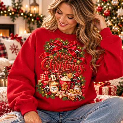 May include: A red long-sleeve sweatshirt featuring a festive graphic print of a large red bow, pine branches, pinecones, wrapped gifts, a candle labeled Happy New Year, a mug with a gingerbread man, and the text Merry Christmas in red.