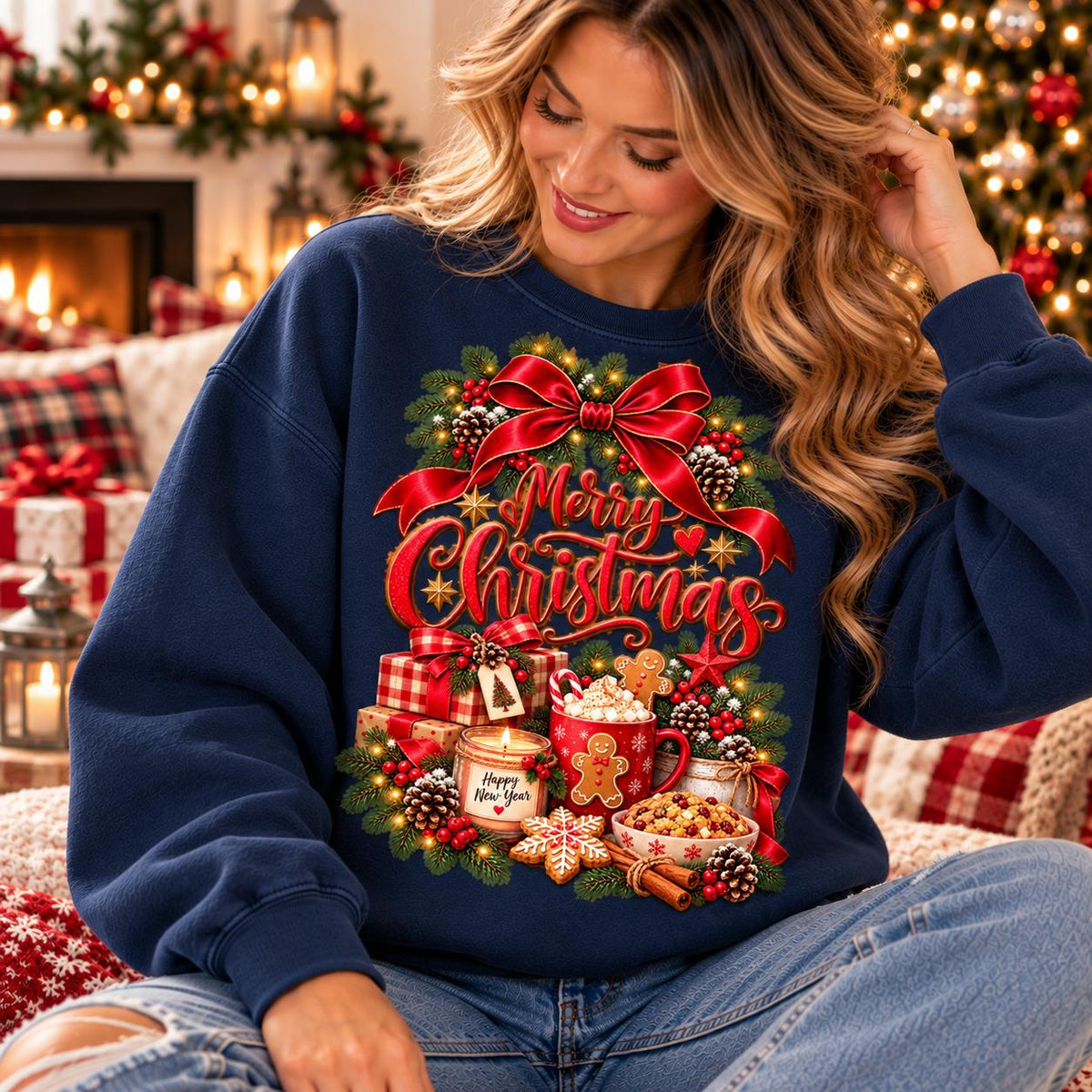 May include: A navy blue long-sleeve sweatshirt featuring a festive graphic print of a red bow, pine branches, wrapped gifts, a mug with a gingerbread man, a candle labeled Happy New Year, a star-shaped cookie, and the text Merry Christmas.