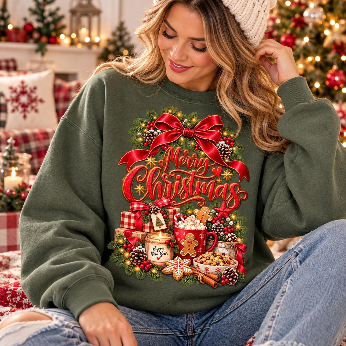 May include: An olive green sweatshirt featuring a graphic print of a large red bow, pine branches, and the text Merry Christmas. The design includes wrapped gifts, a candle labeled Happy New Year, a gingerbread man, and holiday treats.