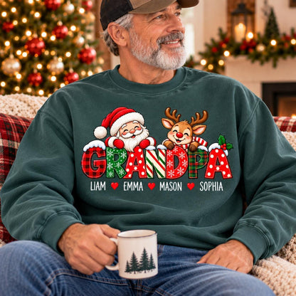 May include: A dark green crewneck sweatshirt featuring a graphic of Santa Claus and a reindeer above the word GRANDPA in colorful patterned letters. Below the text, the names Liam, Emma, Mason, and Sophia are printed, separated by red hearts.