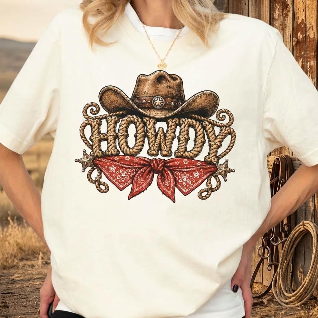 May include: A cream-colored t-shirt featuring a graphic print of a brown cowboy hat, a red bandana with a white floral pattern, and the word HOWDY written in a rope-style font, accented by two small silver-colored star icons on the sides.