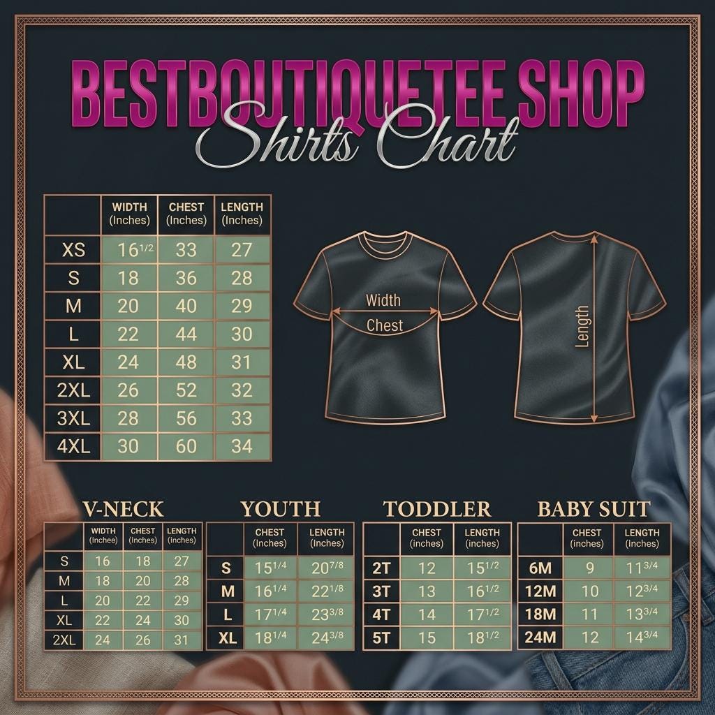 May include: A sizing chart for BESTBOUTIQUETEE SHOP featuring tables for adult, V-neck, youth, toddler, and baby suit apparel. The chart displays width, chest, and length measurements in inches alongside diagrams of t-shirts with labeled dimensions.