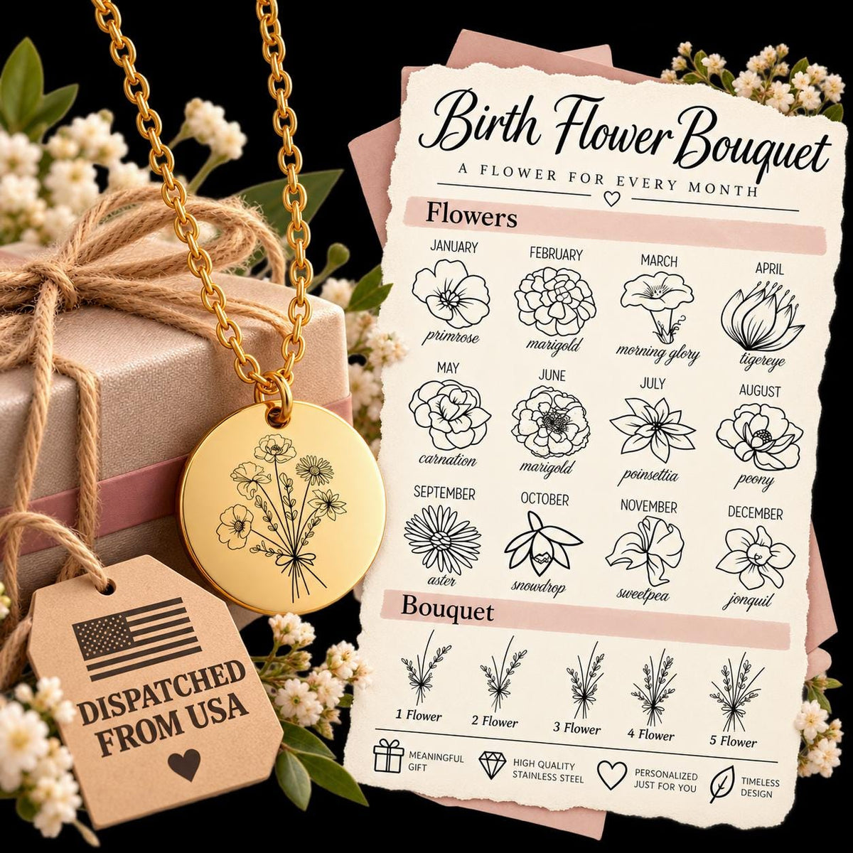May include: A gold-toned circular pendant necklace featuring a delicate line-art floral bouquet engraving. Beside it, a card displays a Birth Flower Bouquet chart with twelve months of flowers and a guide for one to five flower arrangements.