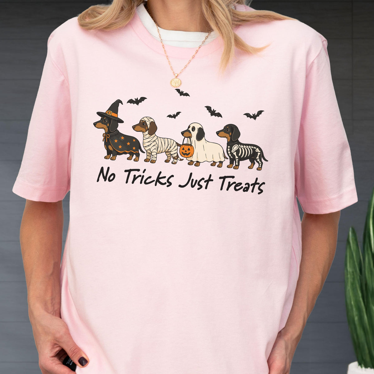 May include: A light pink short-sleeved t-shirt featuring a graphic of four dachshunds in Halloween costumes, including a witch, mummy, ghost, and skeleton, with bats and the text "No Tricks Just Treats" printed in black ink on the front.