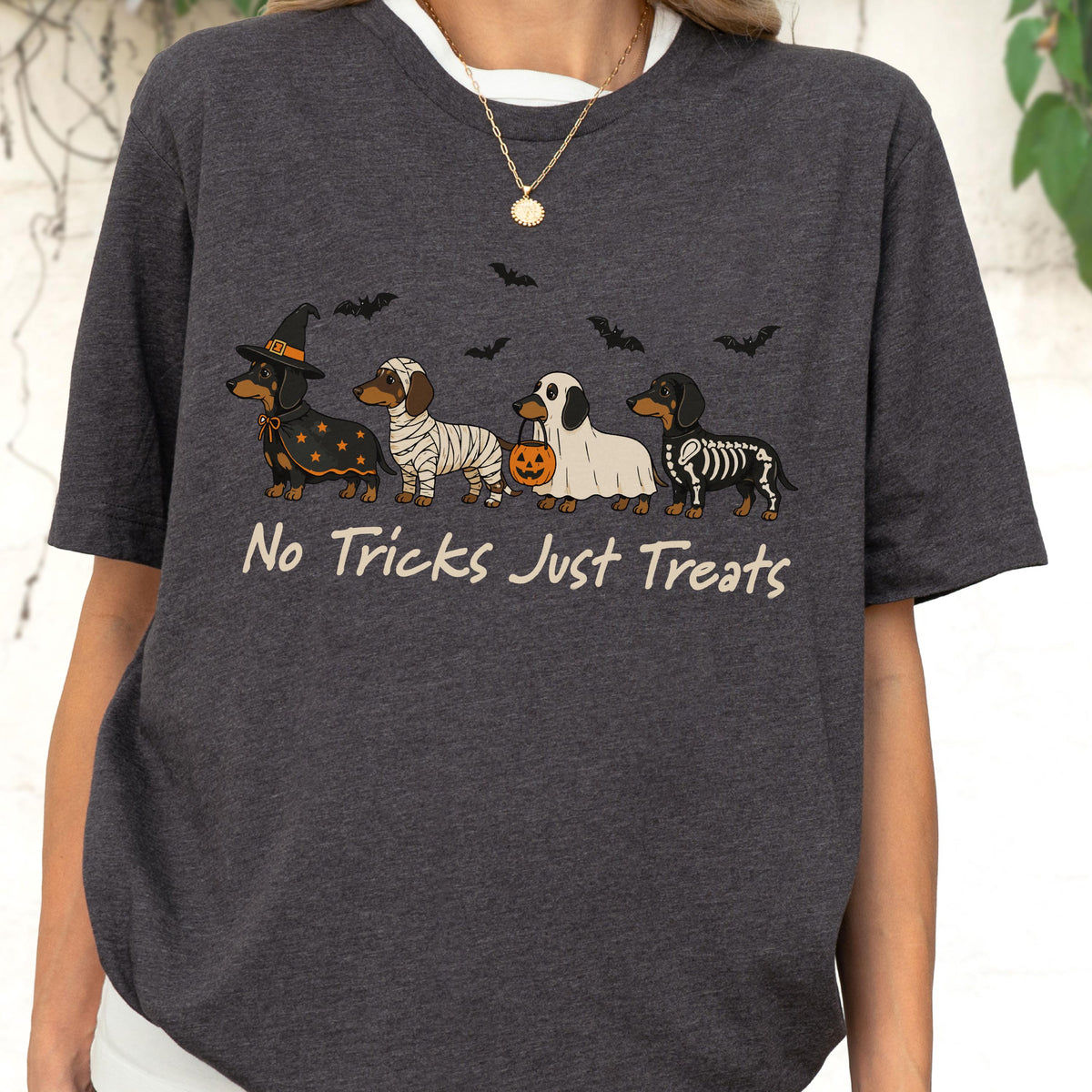 May include: A dark charcoal gray short-sleeve t-shirt featuring a graphic of four dachshunds in Halloween costumes, including a witch, mummy, ghost, and skeleton. The text "No Tricks Just Treats" is printed below the dogs with small black bats.