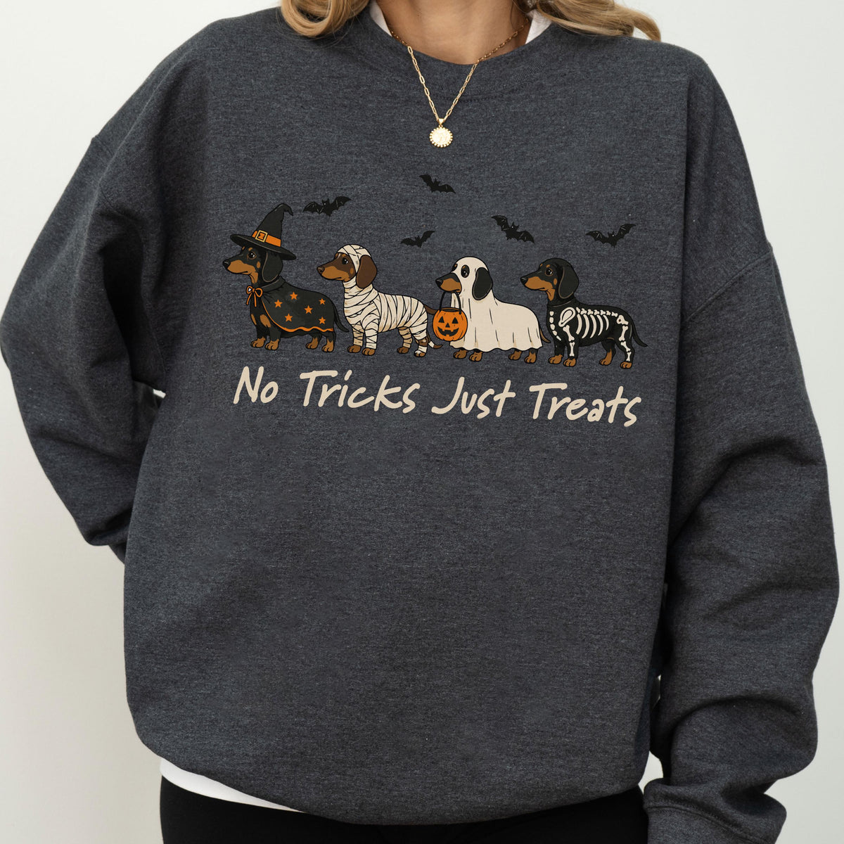 May include: A dark heather gray crewneck sweatshirt featuring a graphic of four dachshunds in Halloween costumes, including a witch, a mummy, a ghost with a pumpkin bucket, and a skeleton. The text "No Tricks Just Treats" is printed below.
