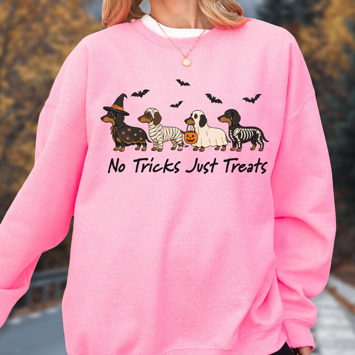 May include: A bright pink crewneck sweatshirt featuring a graphic of four dachshunds in Halloween costumes, including a witch, a mummy, a ghost with a pumpkin bucket, and a skeleton. The text "No Tricks Just Treats" is printed below the dogs.