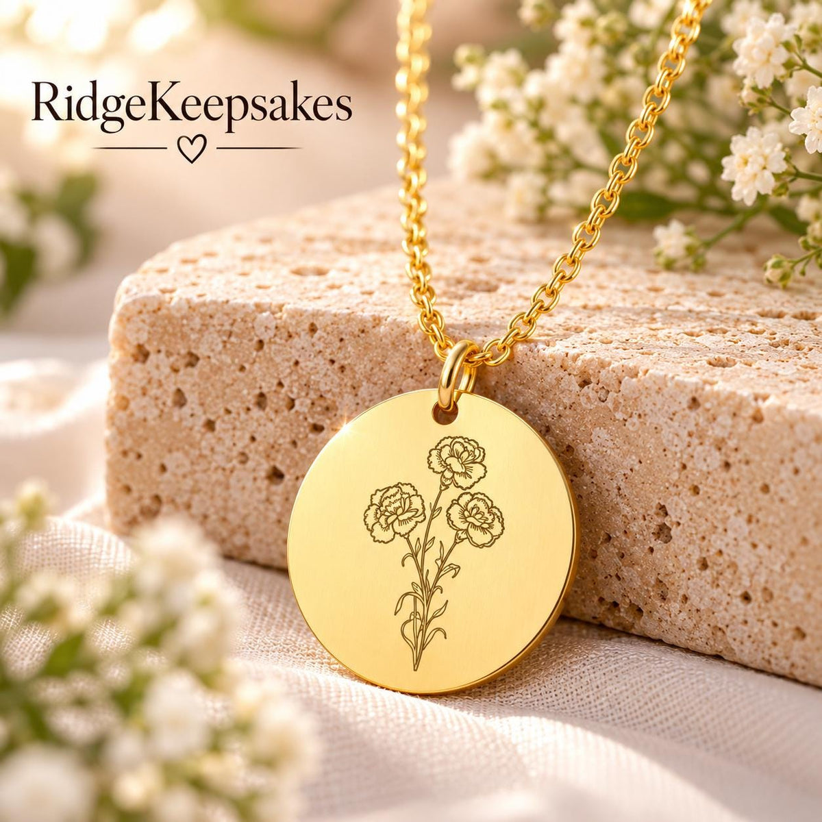 Close-up of a round gold-tone pendant engraved with a delicate flower stem, hanging from a matching chain against a neutral stone and floral background.