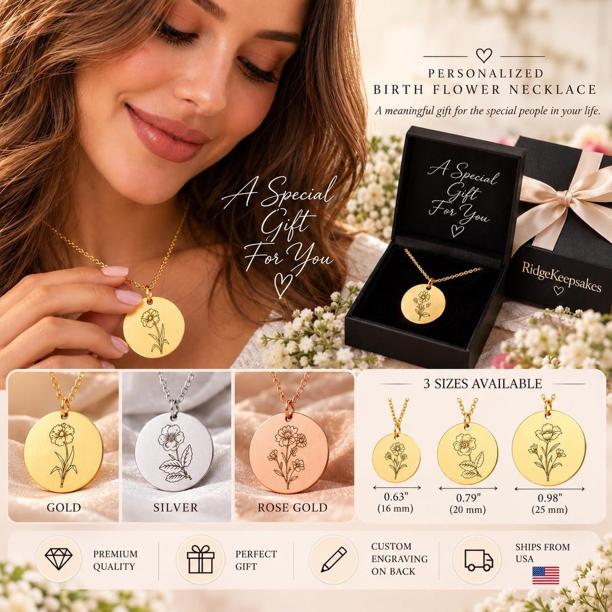 Woman wearing a gold-tone floral disc necklace beside a necklace in a black gift box, with pendant color and size comparisons along the bottom.