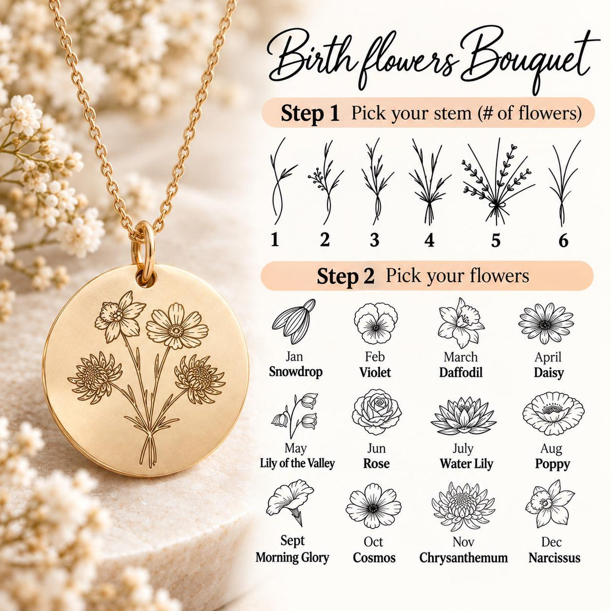 Family Birth Flower Bouquet Necklace with Birthstone Personalized Month Custom Combined Mothers Day Gift