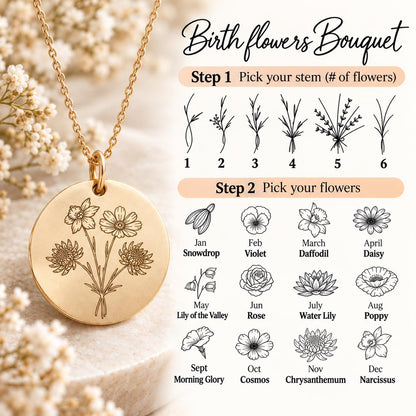 Family Birth Flower Bouquet Necklace with Birthstone Personalized Month Custom Combined Mothers Day Gift