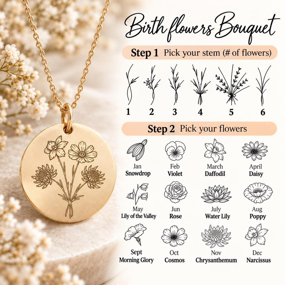 Family Birth Flower Bouquet Necklace Personalized Month Custom Combined Mothers Day Gift