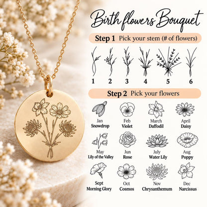 Family Birth Flower Bouquet Necklace Personalized Month Custom Combined Mothers Day Gift