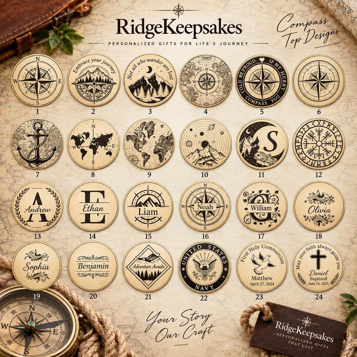 Design selection chart for personalized compass engraving, showing circular compass roses, mountains, an anchor, a world map, initials and other decorative motifs.