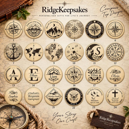 Design selection chart for personalized compass engraving, showing circular compass roses, mountains, an anchor, a world map, initials and other decorative motifs.