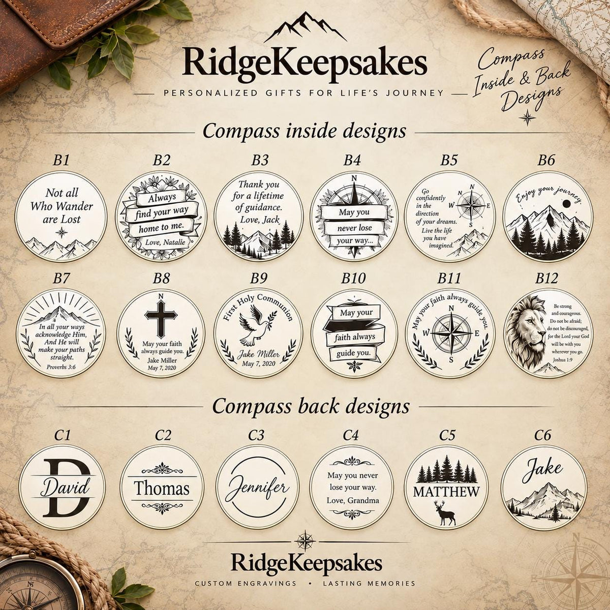 Personalized compass engraving chart with separate inside and back design options, featuring circular text layouts, outdoor scenes, symbols and message designs.