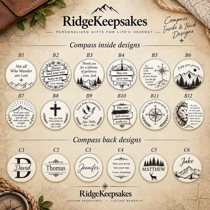 Personalized compass engraving chart with separate inside and back design options, featuring circular text layouts, outdoor scenes, symbols and message designs.