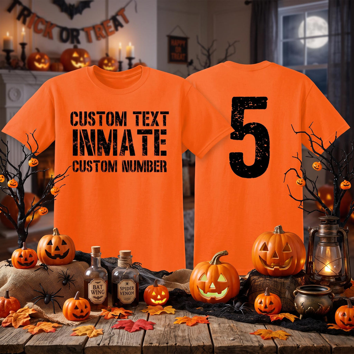 May include: A bright orange short-sleeved t-shirt featuring black distressed text on the front that reads CUSTOM TEXT INMATE CUSTOM NUMBER and a large black distressed number 5 printed on the back of the garment.