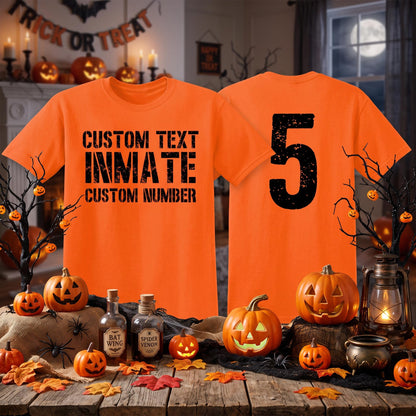 May include: A bright orange short-sleeved t-shirt featuring black distressed text on the front that reads CUSTOM TEXT INMATE CUSTOM NUMBER and a large black distressed number 5 printed on the back of the garment.