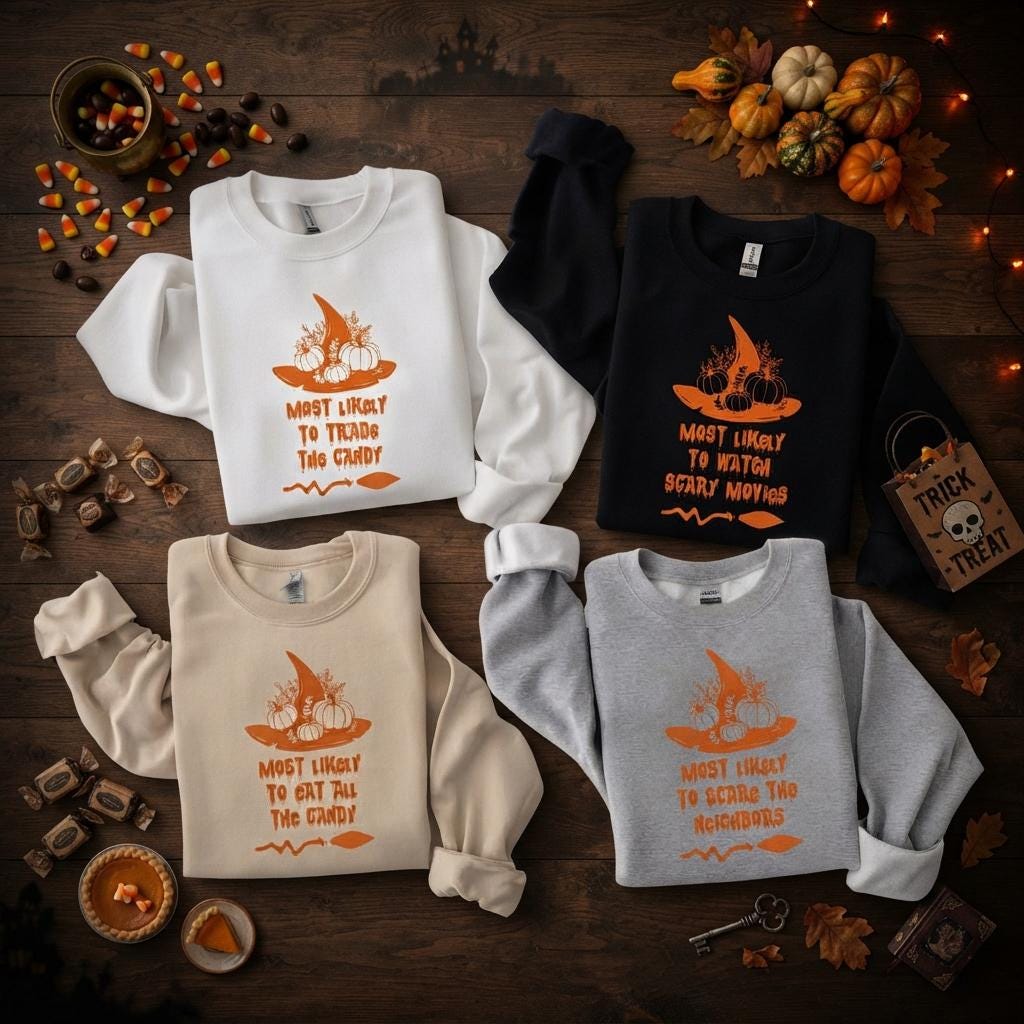 May include: Four long-sleeve crewneck sweatshirts in white, black, beige, and gray, each featuring an orange graphic of a witch hat with pumpkins and text: Most Likely to Trade the Candy, Watch Scary Movies, Eat All the Candy, or Scare the Neighbors.