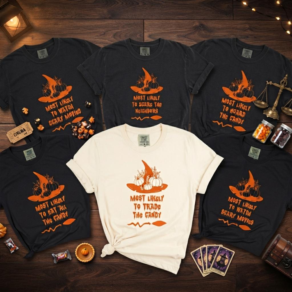 May include: A collection of five short-sleeved t-shirts in black and cream colors. Each shirt features a graphic of a witch hat with pumpkins and unique text including Most Likely To Watch Scary Movies, Scare The Neighbors, Hoard The Candy, Eat All The Candy, or Trade The Candy.