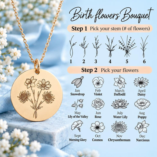 Family Birth Flower Bouquet Necklace Personalized Month Custom Combined Mothers Day Gift