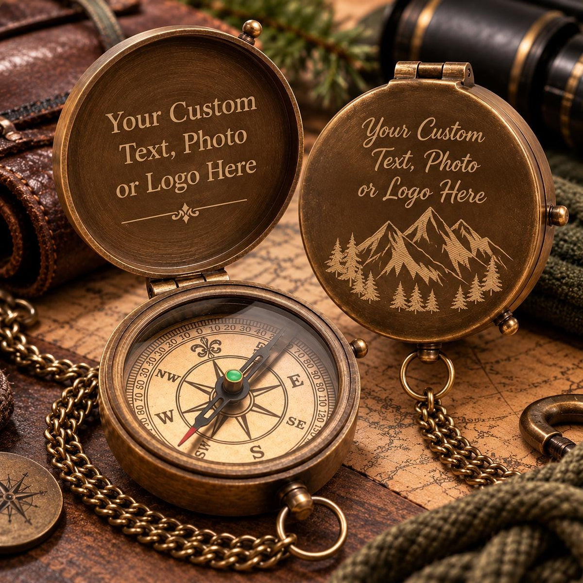 May include: Two antique-style brass pocket compasses with chains. One is open, showing a directional dial with cardinal points. The other is closed, featuring an engraved mountain and forest scene. Both lids display the text Your Custom Text, Photo or Logo Here.