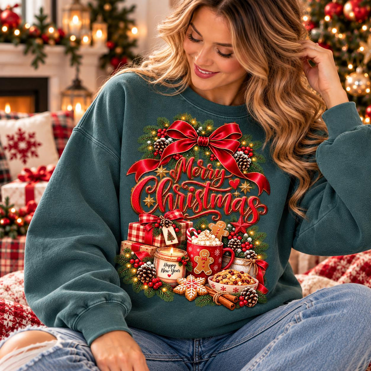 May include: A dark teal long-sleeve sweatshirt featuring a festive graphic print. The design includes a large red bow, pine branches, pinecones, wrapped gifts, a candle labeled Happy New Year, a gingerbread man, and the text Merry Christmas.