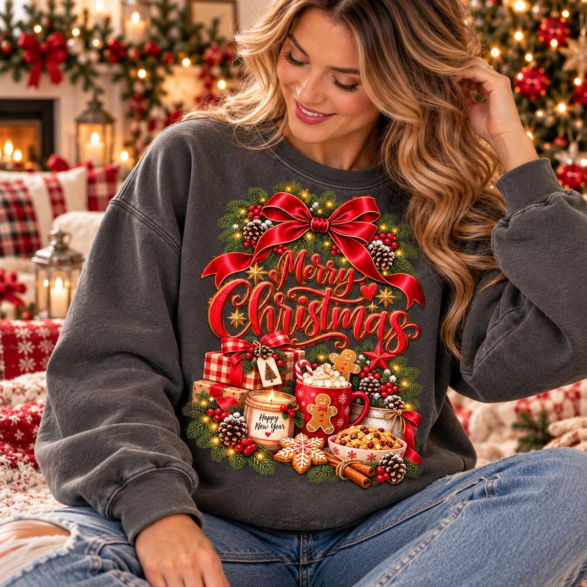 May include: A charcoal gray crewneck sweatshirt featuring a festive graphic print of a red bow, pine branches, pinecones, wrapped gifts, a mug of hot cocoa with a gingerbread man, a candle labeled Happy New Year, and the text Merry Christmas.
