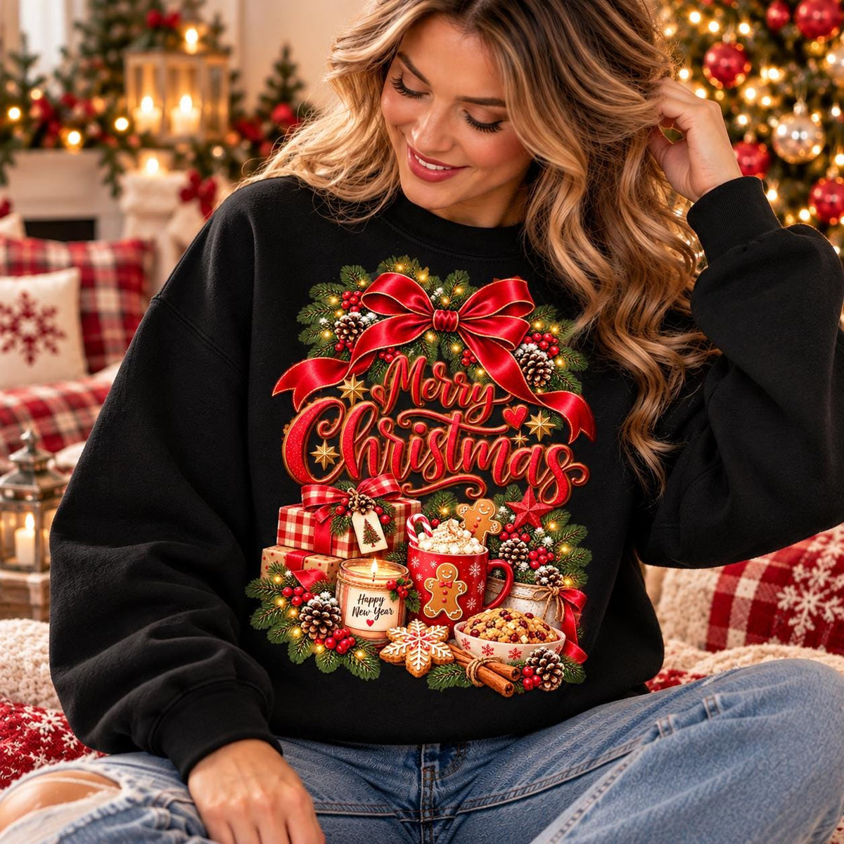 May include: A black long-sleeve sweatshirt featuring a festive graphic print of a large red bow, pine branches, wrapped gifts, a mug of hot cocoa with a gingerbread man, a candle labeled Happy New Year, and the text Merry Christmas in red.