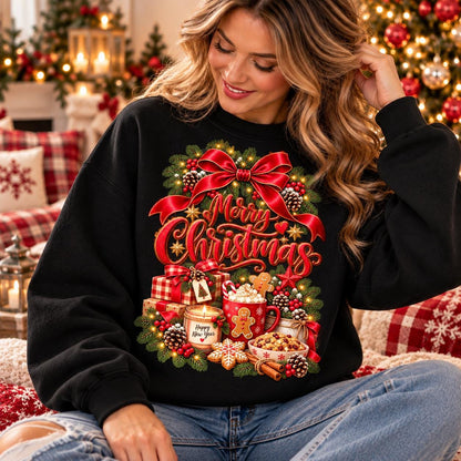 May include: A black long-sleeve sweatshirt featuring a festive graphic print of a large red bow, pine branches, wrapped gifts, a mug of hot cocoa with a gingerbread man, a candle labeled Happy New Year, and the text Merry Christmas in red.