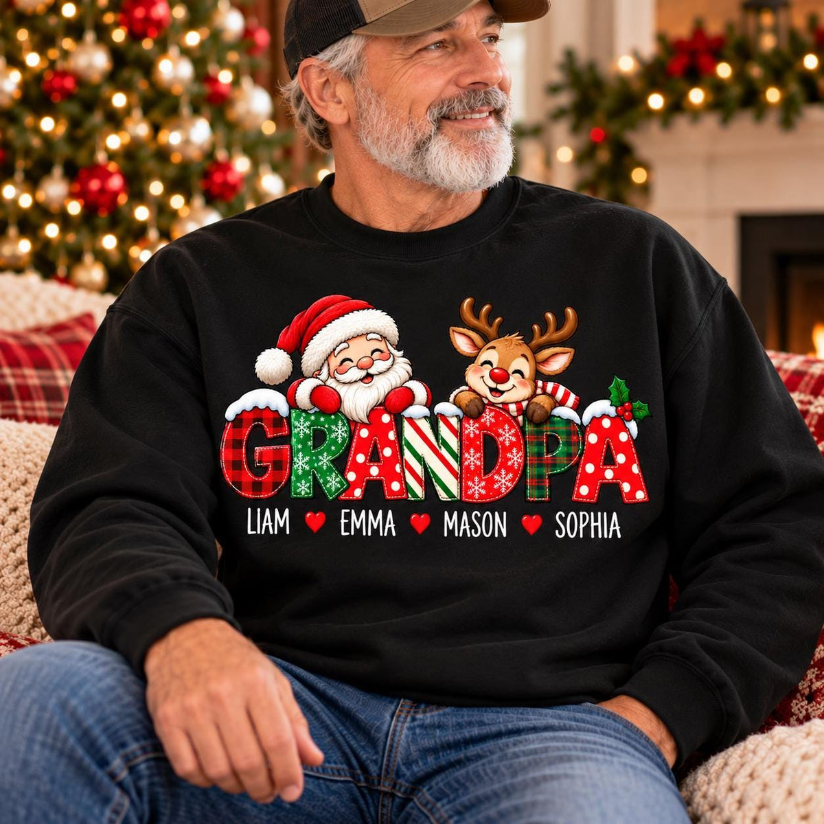 May include: A black sweatshirt featuring a graphic of Santa Claus and a reindeer peeking over the word GRANDPA, which is styled in festive red and green patterns. Below the text, the names Liam, Emma, Mason, and Sophia are printed in white.