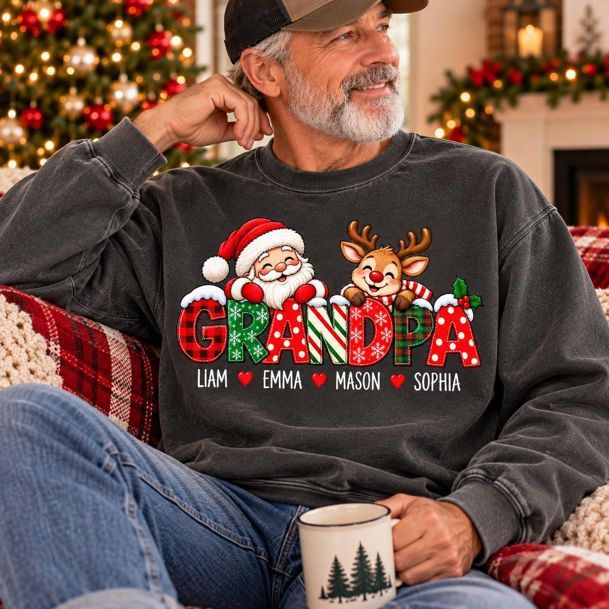 May include: A charcoal gray crewneck sweatshirt featuring a festive graphic with Santa Claus and a reindeer peeking over the word GRANDPA in red, green, and white holiday patterns. The names Liam, Emma, Mason, and Sophia are printed below.