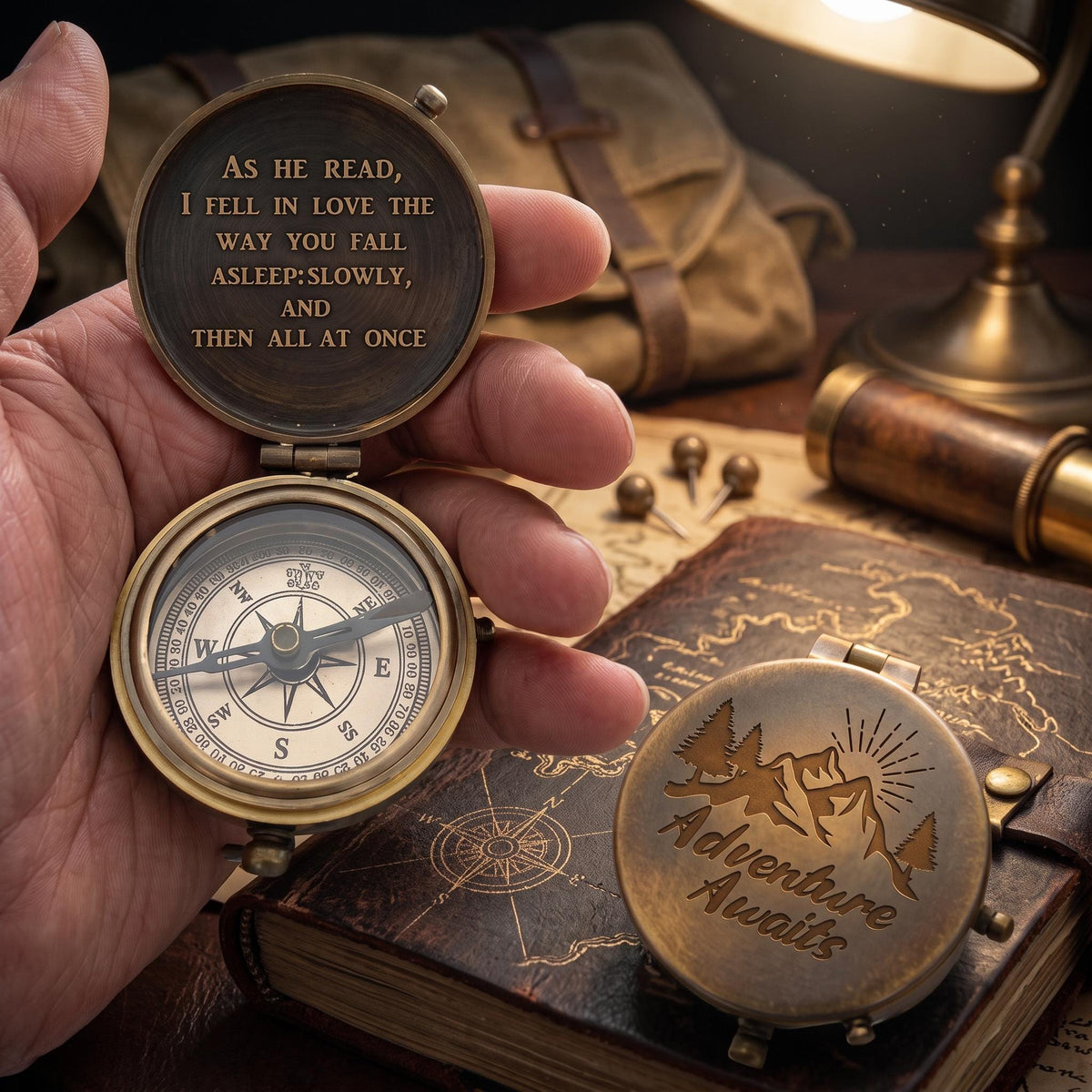May include: A brass pocket compass with a hinged lid featuring the engraved text: As he read, I FELL IN LOVE THE WAY YOU FALL ASLEEP: SLOWLY, AND THEN ALL AT ONCE. The exterior lid displays an engraved mountain scene with the text Adventure Awaits.